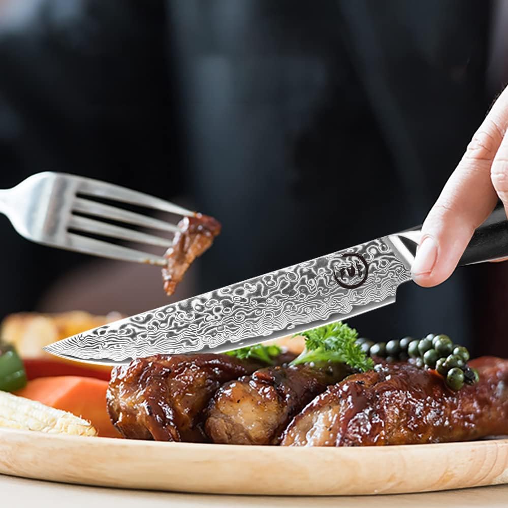 Set of 4 Non-Serrated Damascus Steak Knives with Case V3641