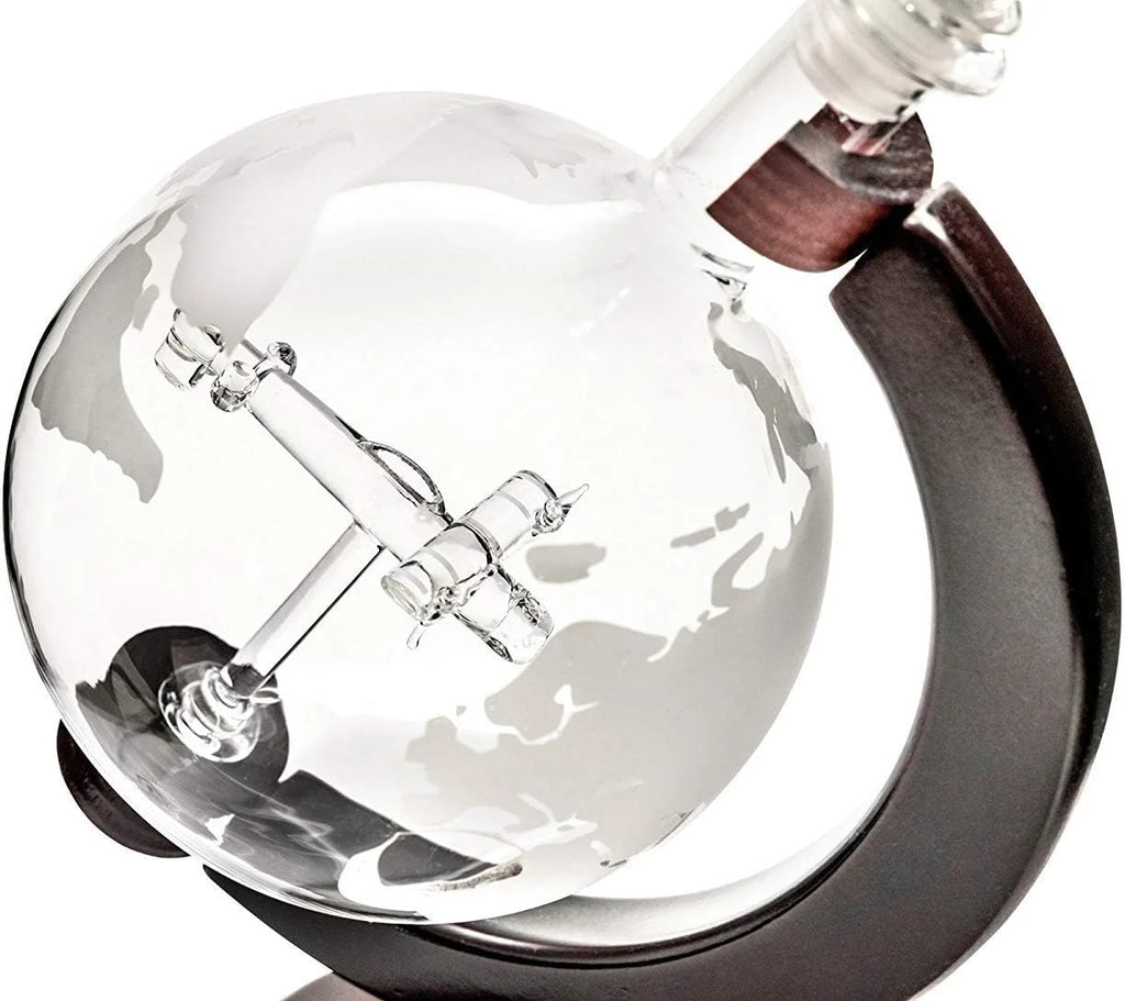 50 Oz Handmade Etched Globe Decanter Set with Wooden Stand and 2 Glasses Q19380