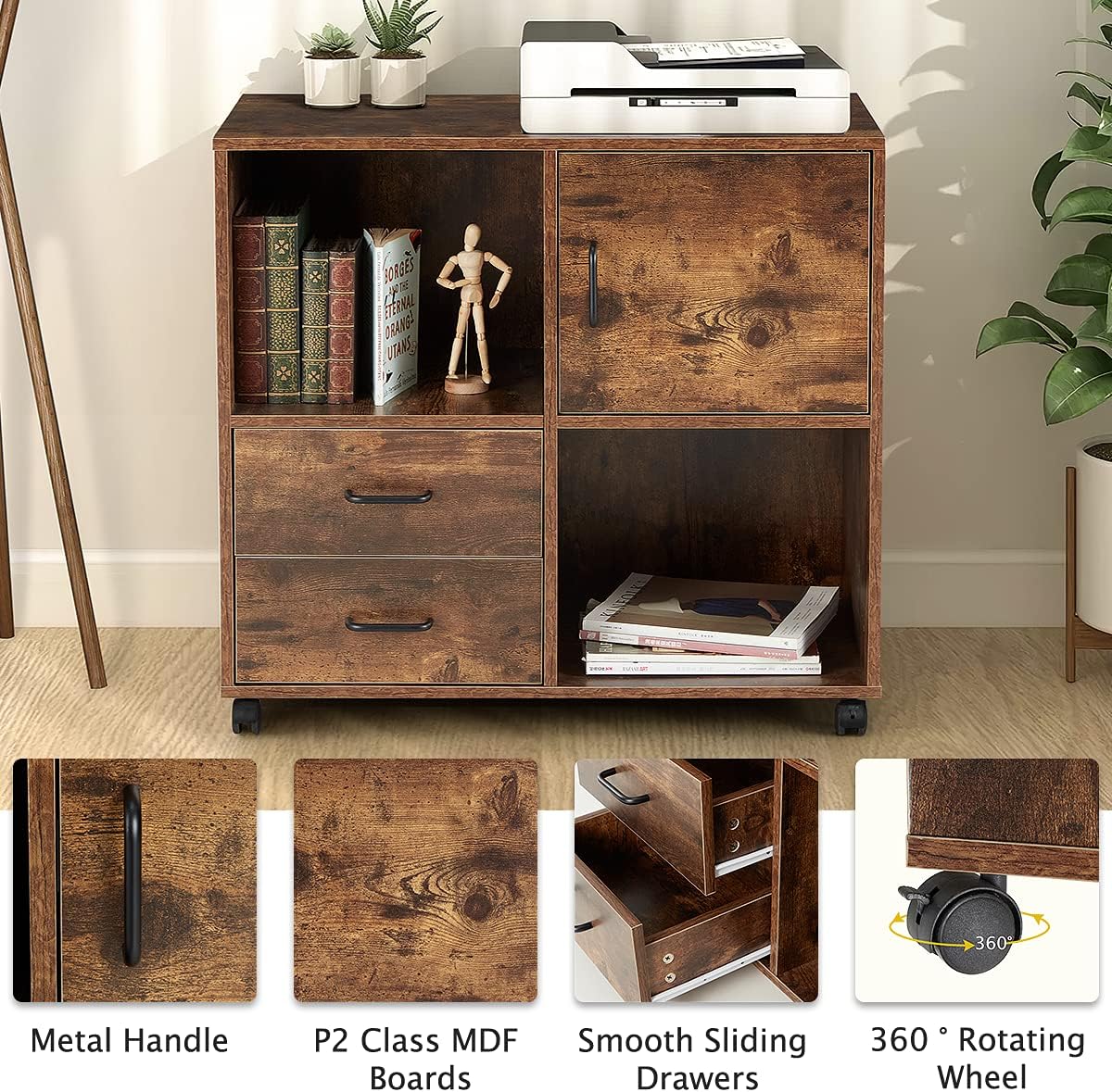 2 Drawers Mobile Wooden Lateral Filing Cabinet with Lockable Casters J44919
