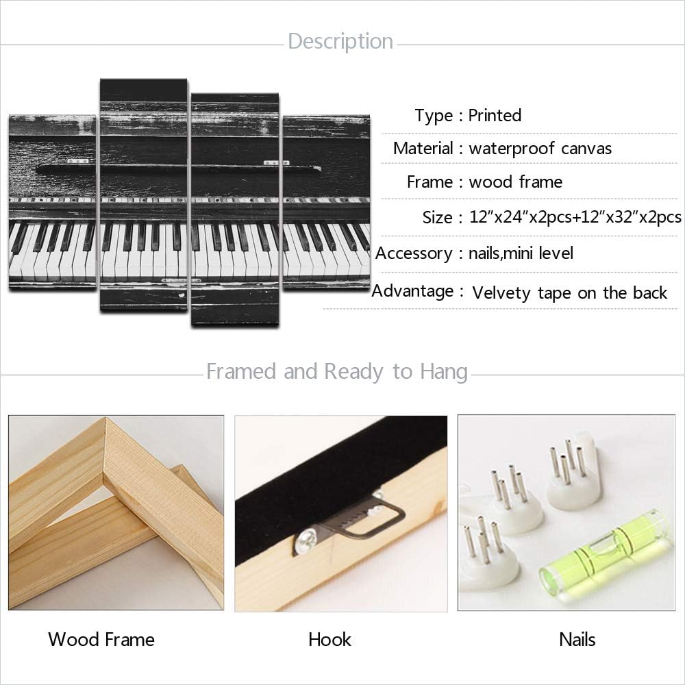 Black and White Piano Keyboard 4 Piece Canvas Wall Art with Frame C29005