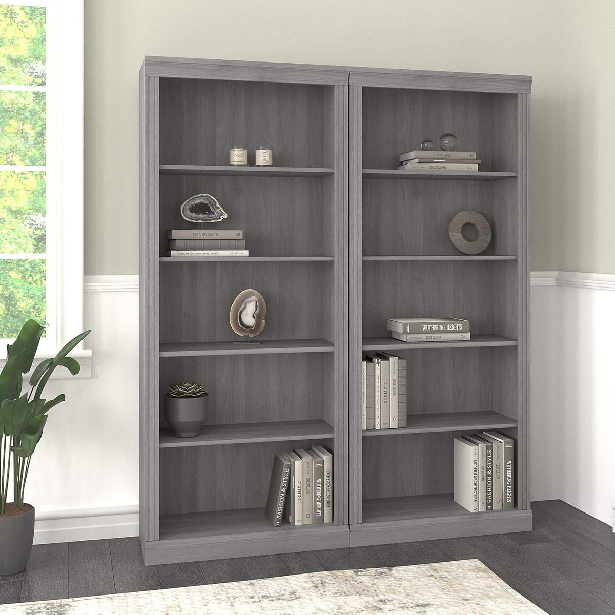 Set of 2 Tall 5 Shelf Bookcase, Modern Gray W875
