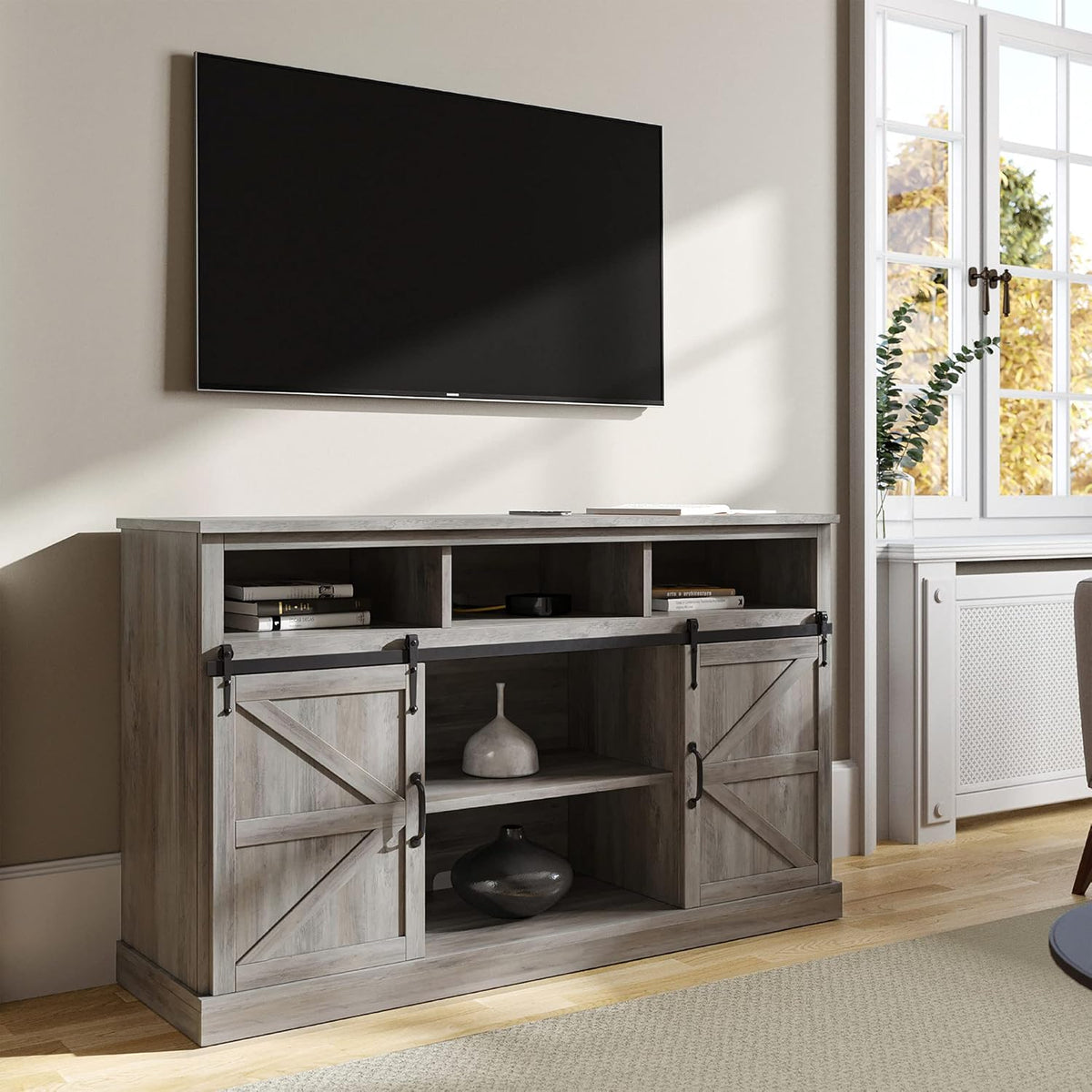 52 Inch TV Stand with Sliding Barn Door and Storage Cabinets (Espresso) I331704