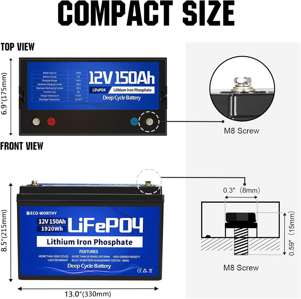 12V 150Ah Rechargeable LiFePO4 Deep Cycle Battery with BMS Y3934