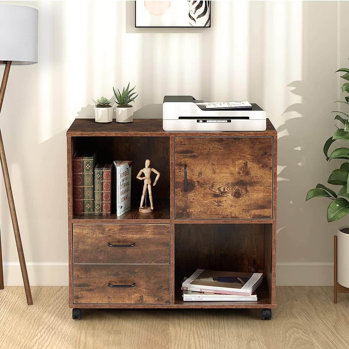 2 Drawers Mobile Wooden Lateral Filing Cabinet with Lockable Casters J44919