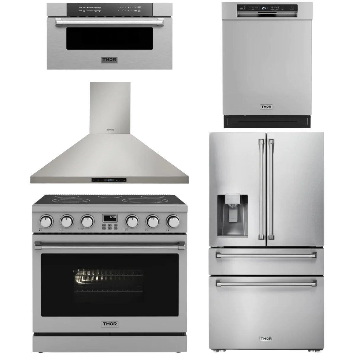 36 Electric Range, Range Hood, Refrigerator, Dishwasher and Microwave J6076