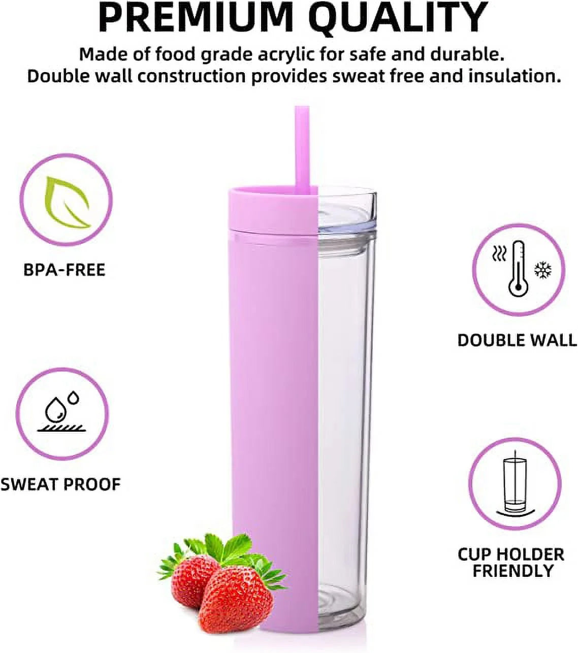 16oz Tumbler with Lid and Straw Double Wall Plastic Cup BPA Free T83885