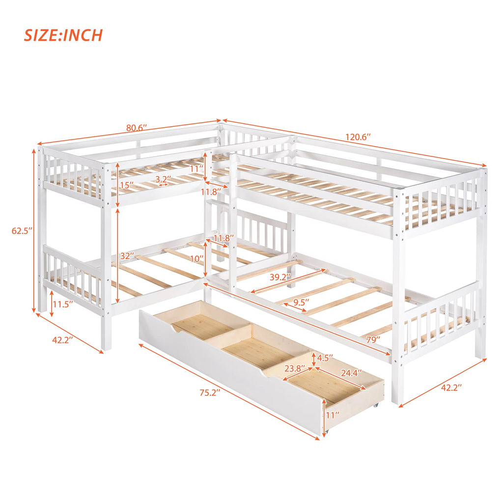 White Wooden L-Shaped Twin Over Twin Bunk Beds with Storage Drawers P522311