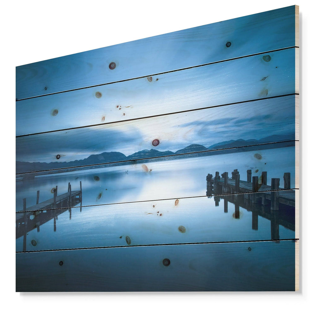 Dark Blue Sea and Piers Seascape Print on Natural Pine Wood T2788