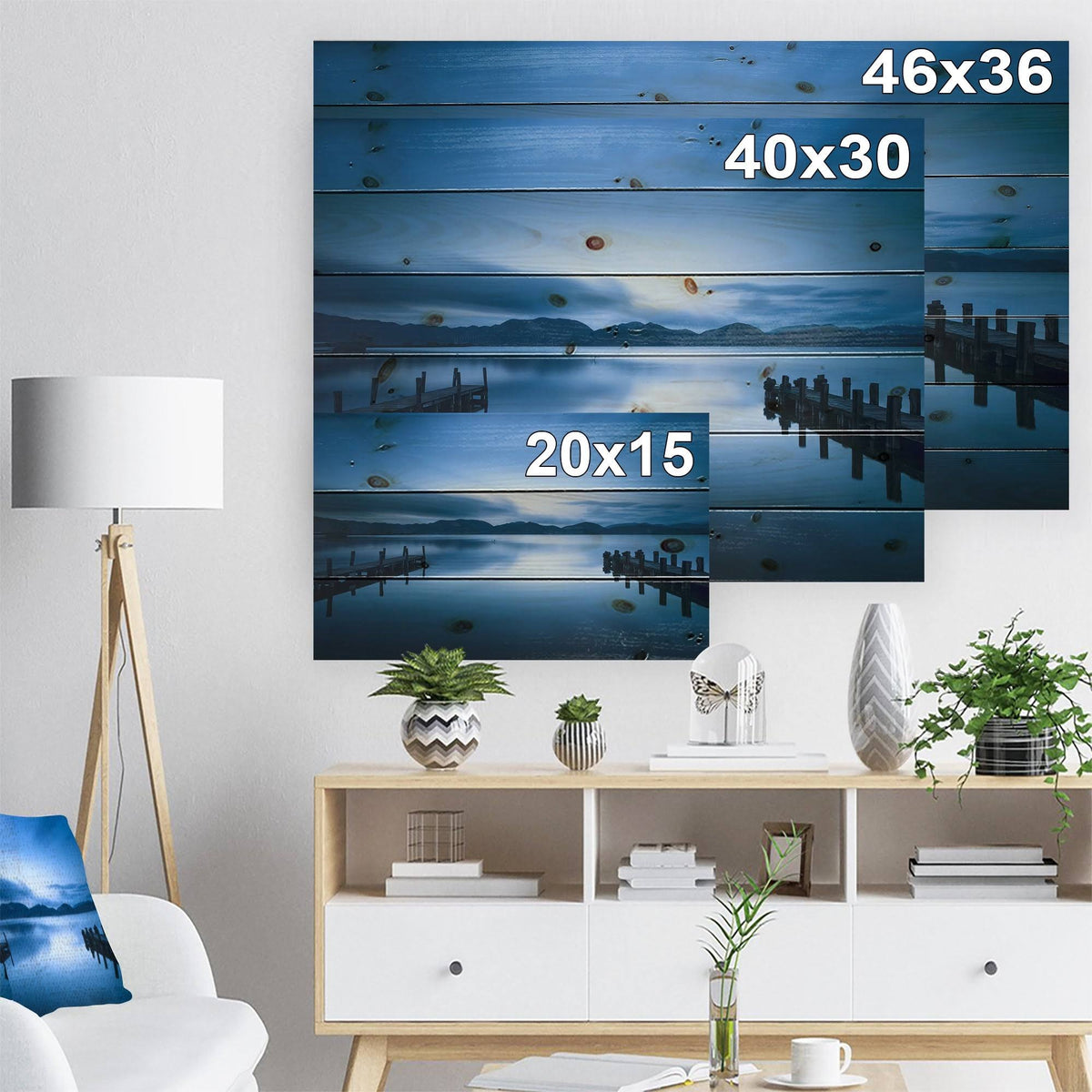 Dark Blue Sea and Piers Seascape Print on Natural Pine Wood T2788