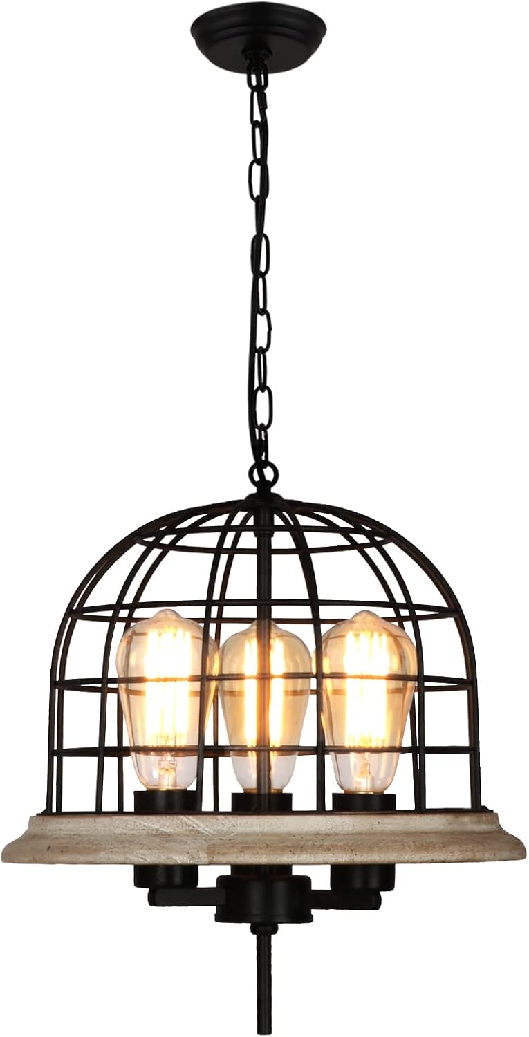 Round Rustic Chandelier Light Fixture, 3-Light Metal Wood Globe Cage Shade W9653