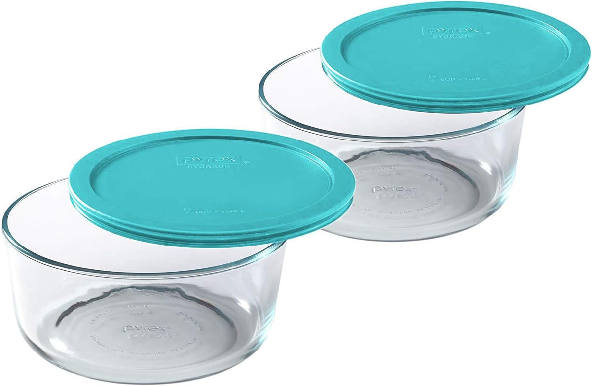 Pyrex Bundle - 4 Items: 6/7-Cup Glass Bowls, 6/7-Cup Turquoise Plastic Lids T71379