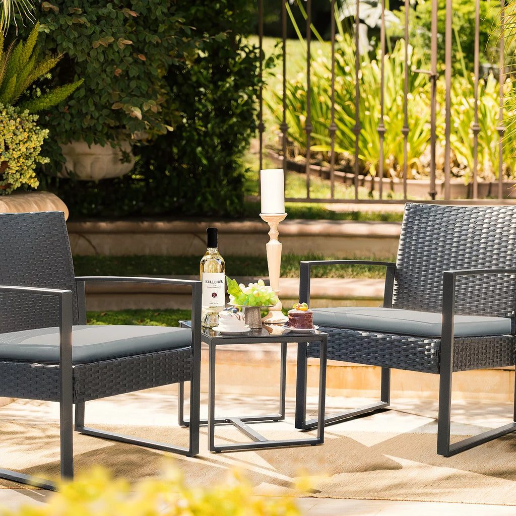 3 Pieces Cushioned PE Rattan Bistro Chairs Set of 2 with Coffee Table M9216