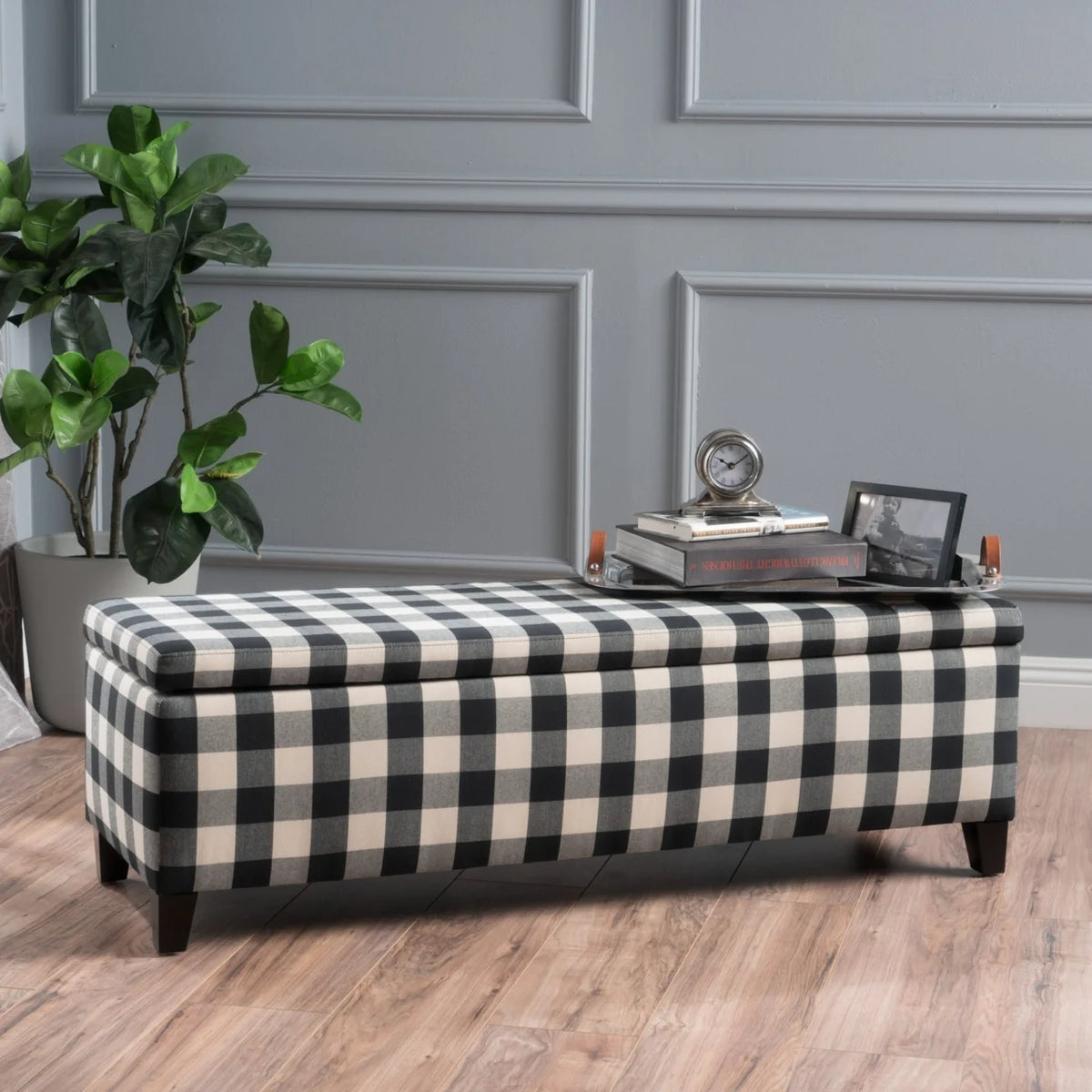 Black Checkerboard Fabric Storage Ottoman C198
