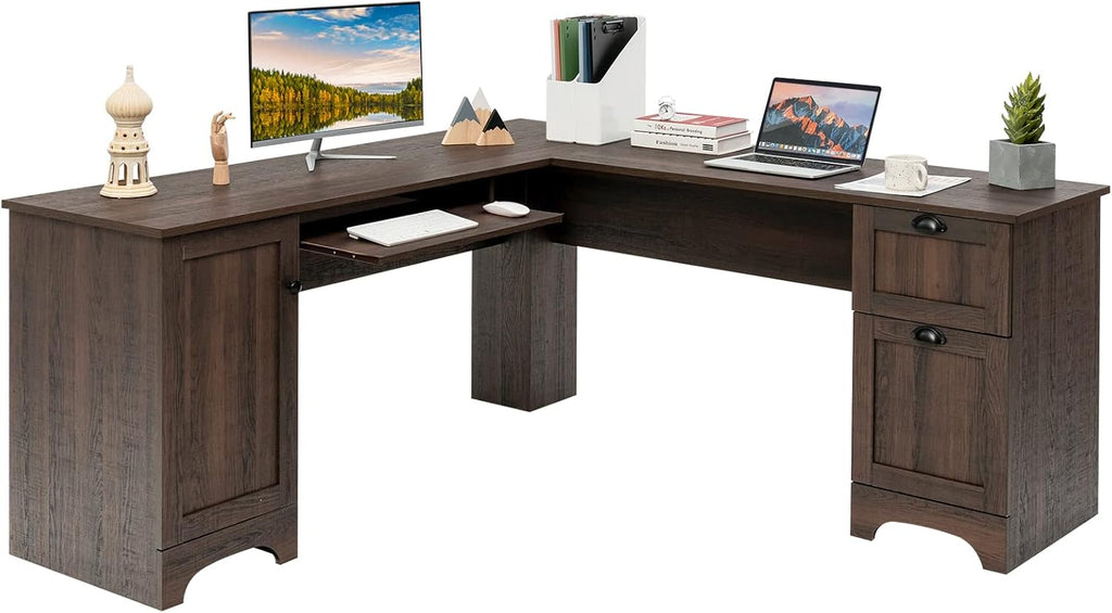 L Shaped Corner Computer Desk with Storage Drawers & Cabinet H94259