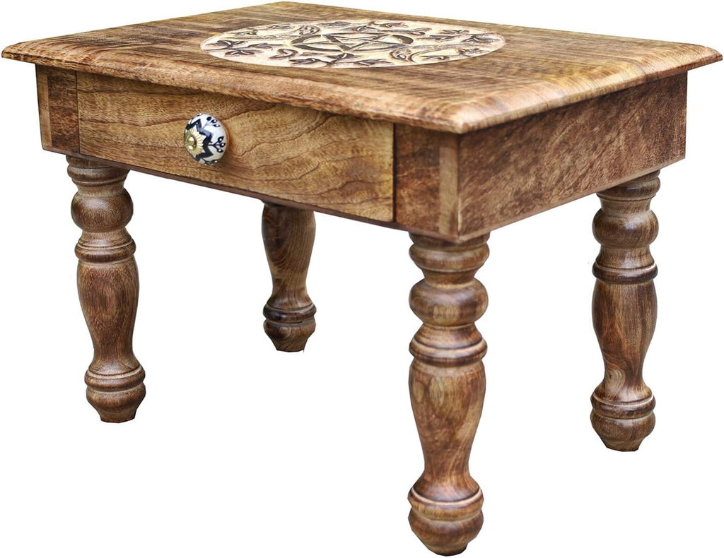 Solid Mango Wood Hand Carved Puja Shrine Altar Meditation Table Y313