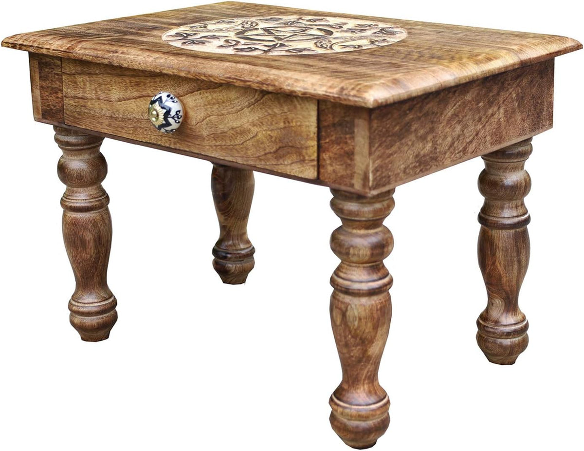 Solid Mango Wood Hand Carved Puja Shrine Altar Meditation Table Y313