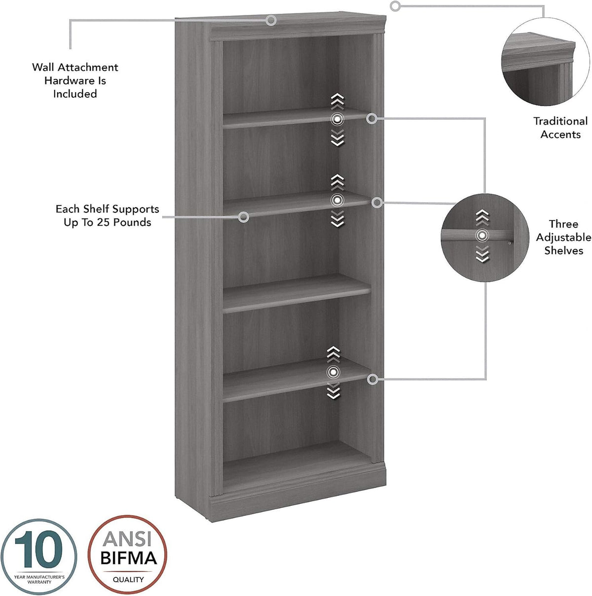 Set of 2 Tall 5 Shelf Bookcase, Modern Gray W875
