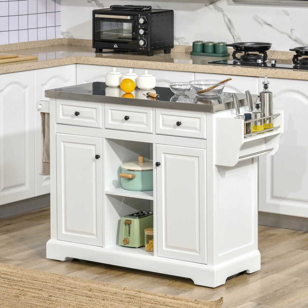 White Pine Wood Stainless Steel Rolling Kitchen Island Cart M7096