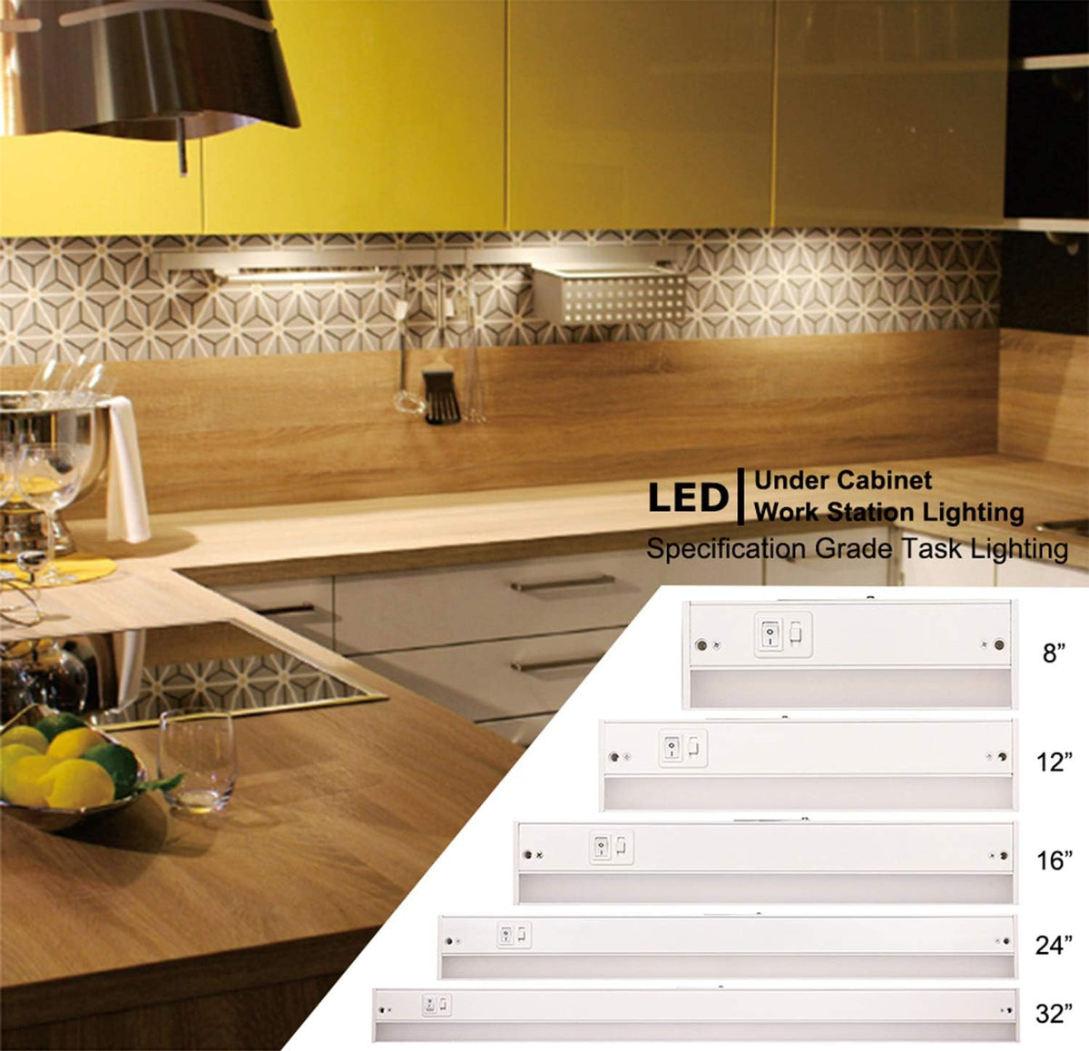 LED Under Cabinet Lighting Fixture, 24-inch 14W 985 Lumen, Dimmable, CRI 90, 3000K/3500K/4000K, Linkable, Hardwired or Plug-in, White Finish, Pack of 2 K883034