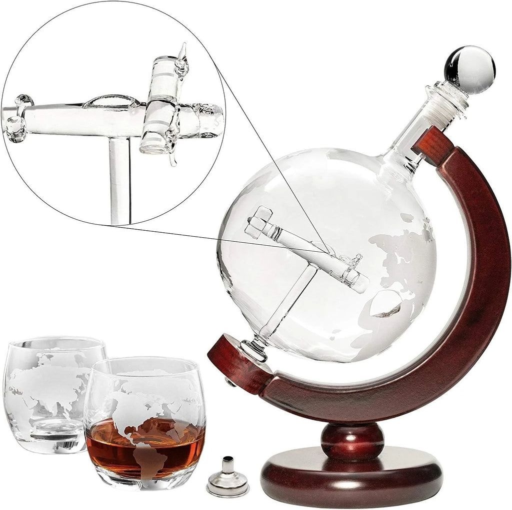 50 Oz Handmade Etched Globe Decanter Set with Wooden Stand and 2 Glasses Q19380