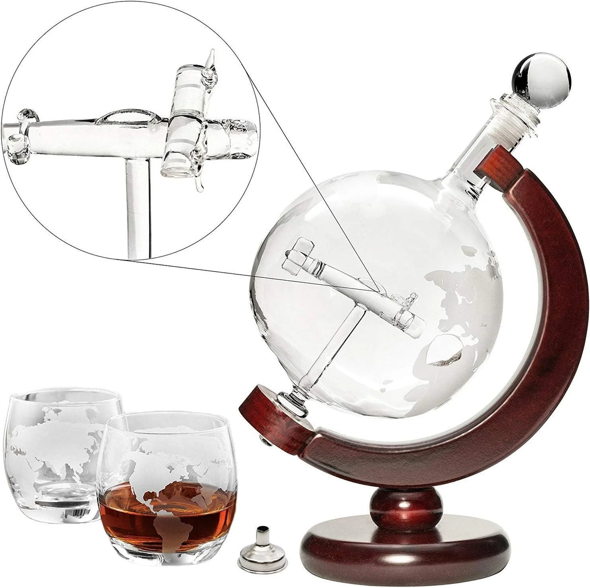 50 Oz Handmade Etched Globe Decanter Set with Wooden Stand and 2 Glasses Q19380