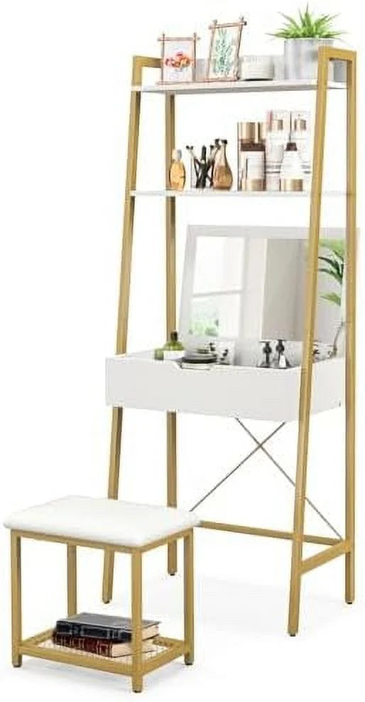 Black Brown Vanity Table Set with Flip Top Mirror and Cushioned Stool F486005
