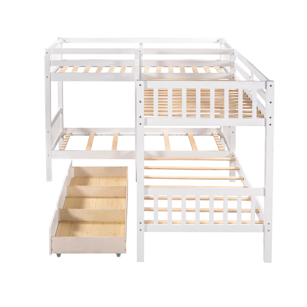 White Wooden L-Shaped Twin Over Twin Bunk Beds with Storage Drawers P522311