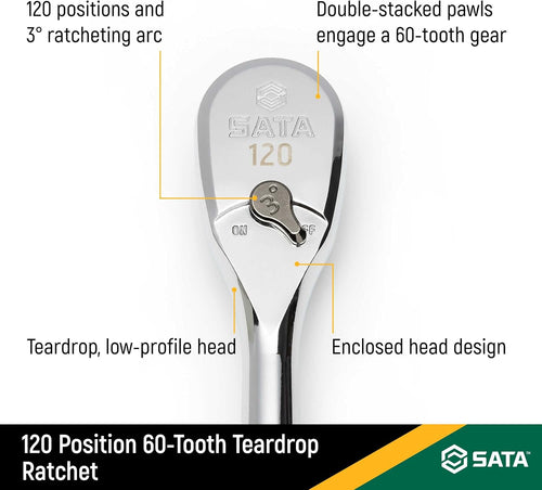 120P Professional Ratchet Set with On/Off Switch and Dual-Pawl 60-Tooth Teardrop Head A2361
