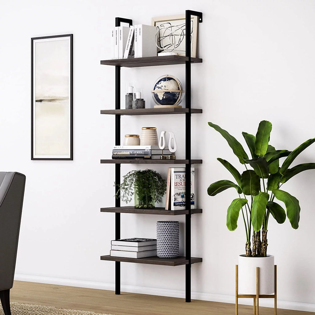 5-Shelf Wood Ladder Bookcase with Metal Frame I71040