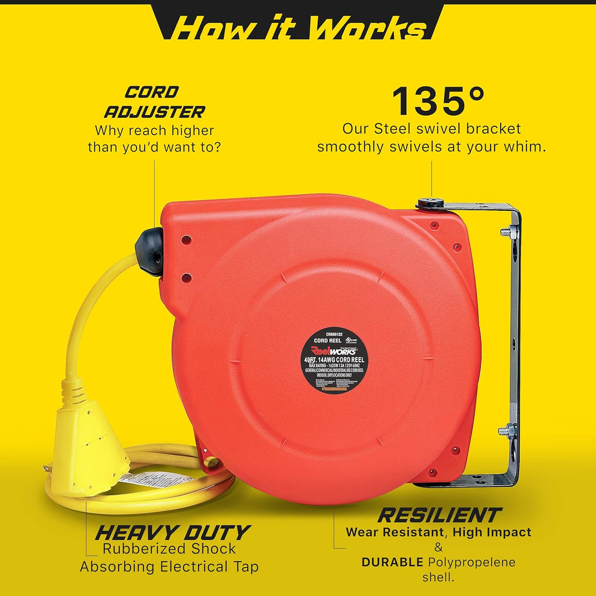 Extension Cord Reel Retractable, 14AWG x 40' Ft 3C SJT, Wall Mount Kit, 3 Outlet/Triple Tap Connector Pack of 2 U799108
