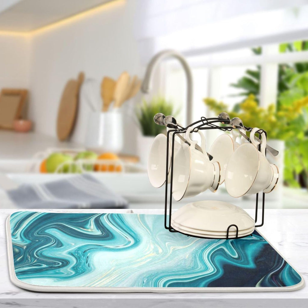 Blue Abstract Marble Dish Drying Mat, 16x18Inch Q646