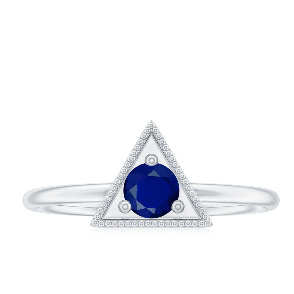 Blue Sapphire Triangle Shape Gold Milgrain Ring, 925 Sterling Silver, US 4.00 X4735
