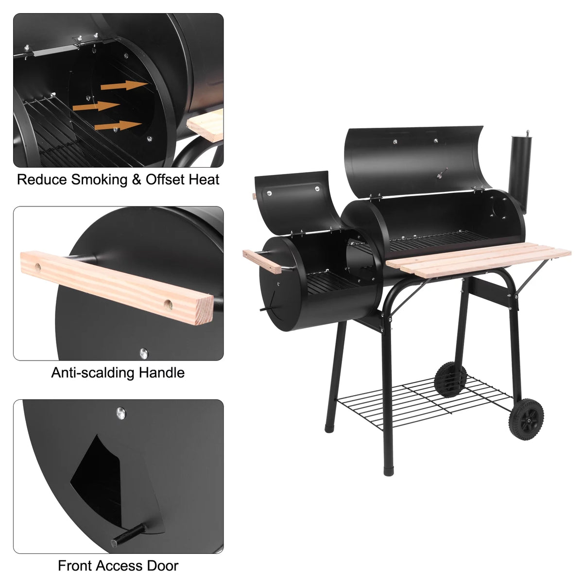 Charcoal Grill Portable BBQ Grill and Offset Smoker Steel BBQ Pit B172
