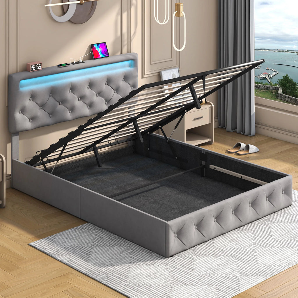 Queen Lift Up Velvet Storage Bed Frame with LED Light & Power Outlets V156444