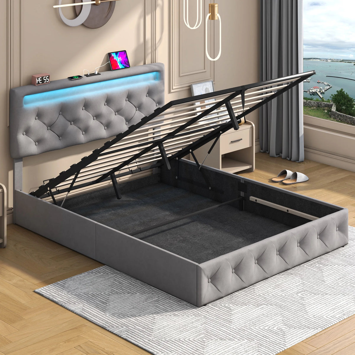 Queen Lift Up Velvet Storage Bed Frame with LED Light & Power Outlets V156444