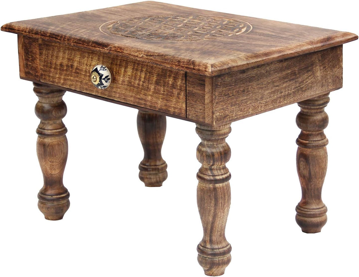 Solid Mango Wood Hand Carved Puja Shrine Altar Meditation Table Y313