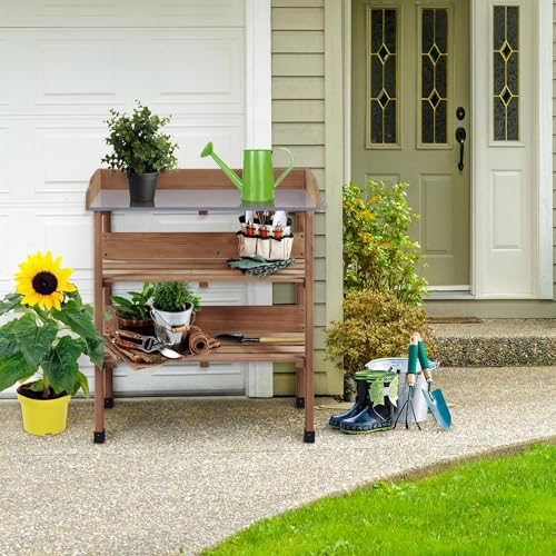 Brown Wooden Potting Bench Table with Storage Shelf S26507