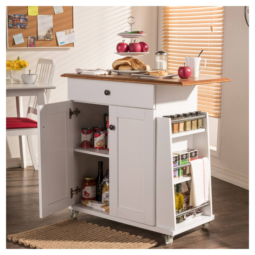 Two-Tone White and Dark Brown Lacquered Wood Kitchen Cart Cabinet Q1452