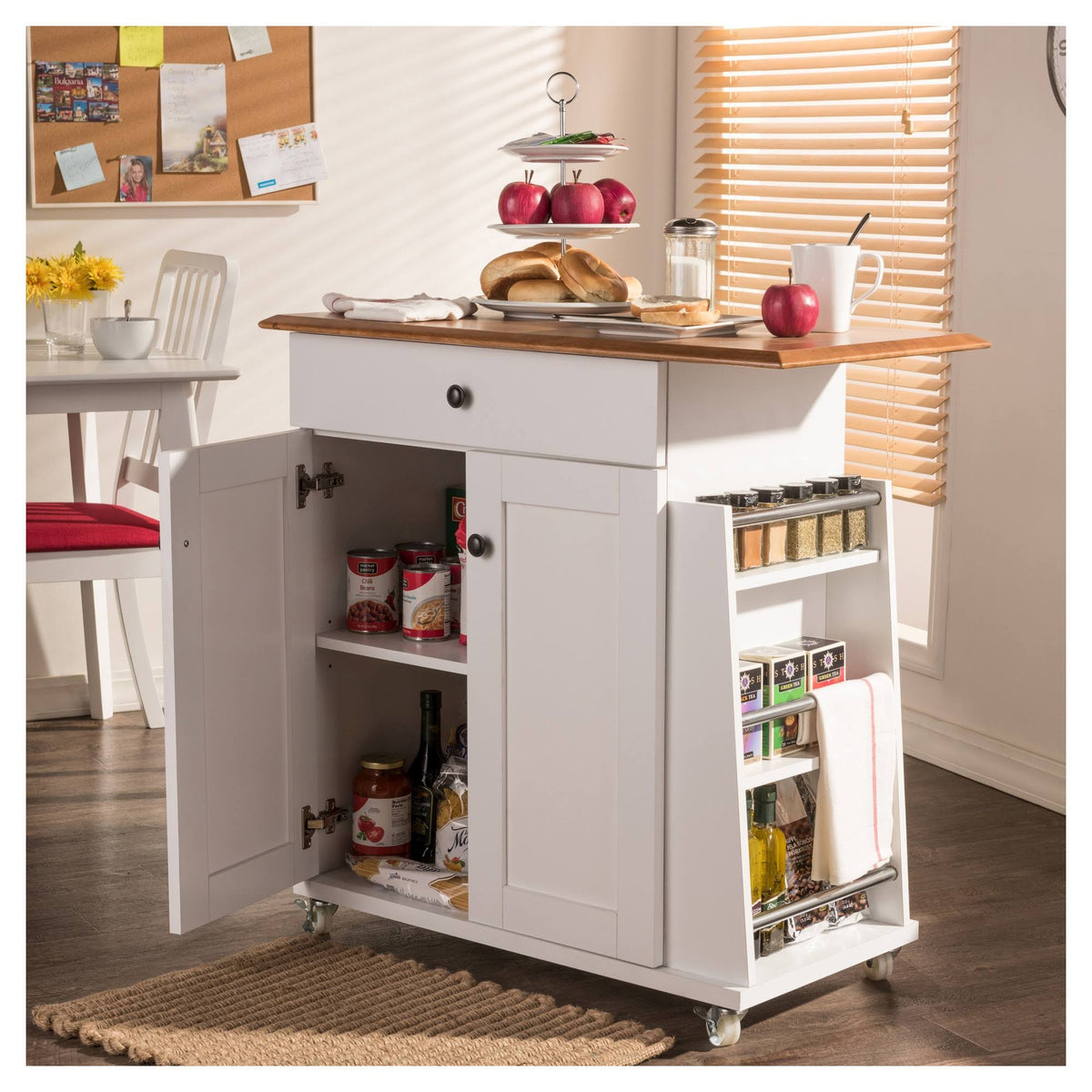 Two-Tone White and Dark Brown Lacquered Wood Kitchen Cart Cabinet Q1452