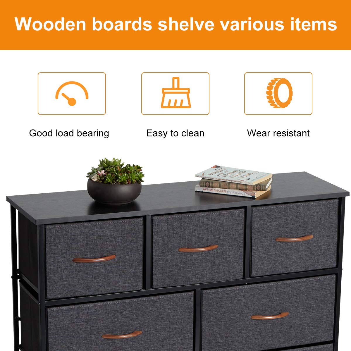 Grey 9 Drawer Fabric Dresser with Steel Frame and Wooden Top U99074