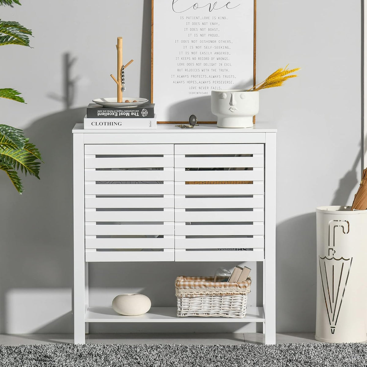 White Buffet Sideboard Storage Cabinet with Slat Double Doors B53704