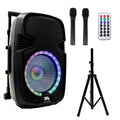 Powered 10 inch DJ Karaoke Speaker with Stand, Rechargeable Battery, Bluetooth, LED Lights, 2 Wireless Microphones M12615