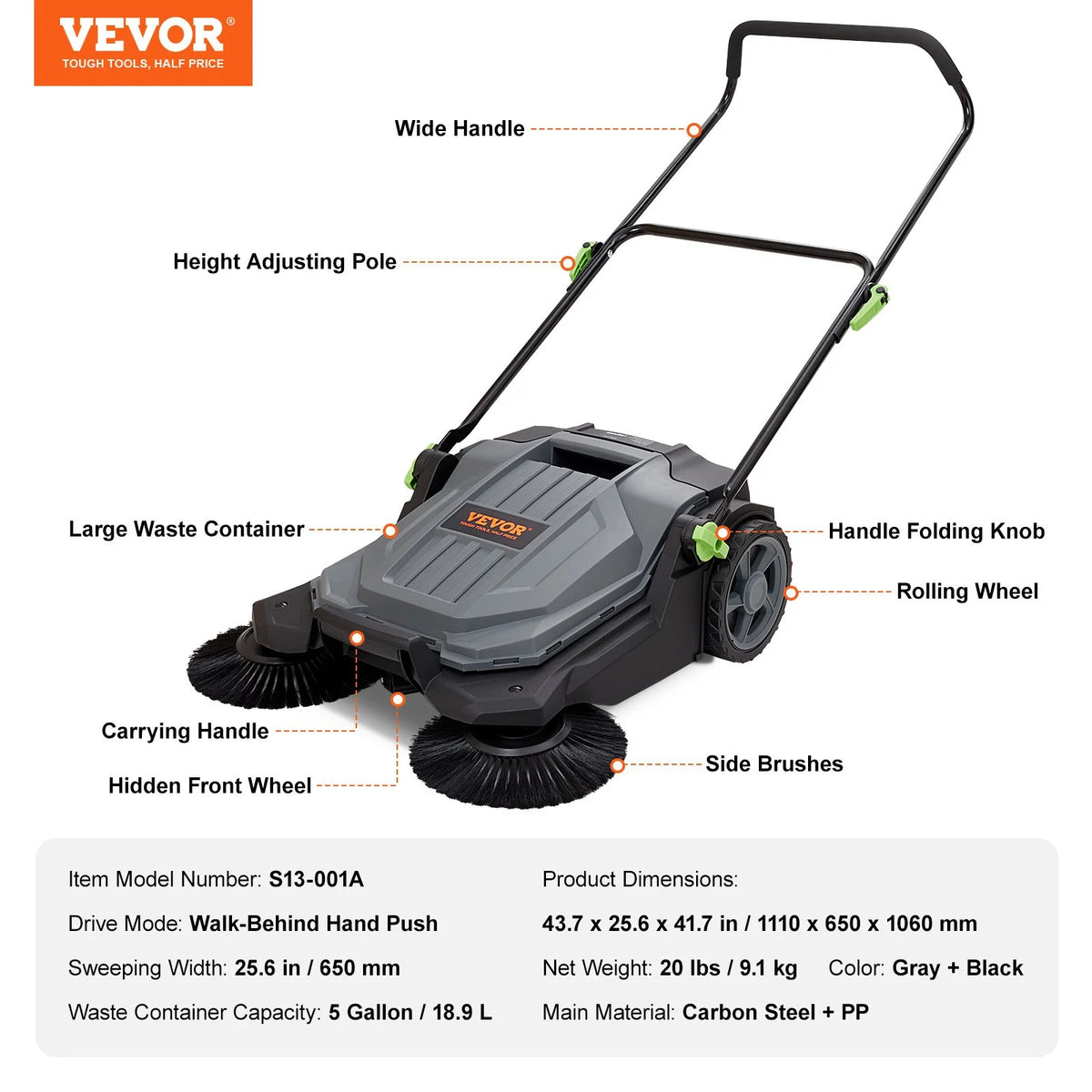 25.6" Manual Walk-behind Floor Sweeper with 5-Gallon Waste Container G6072