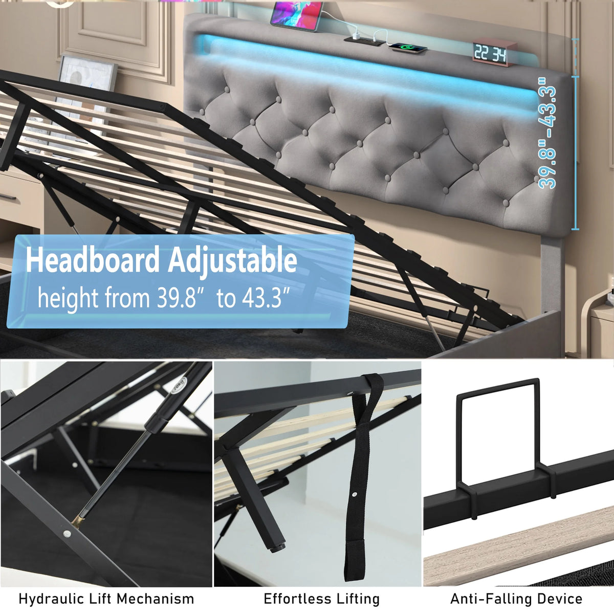 Queen Lift Up Velvet Storage Bed Frame with LED Light & Power Outlets V156444