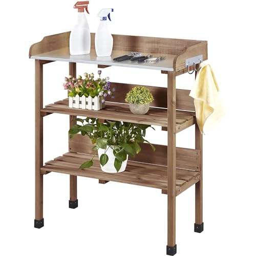 Brown Wooden Potting Bench Table with Storage Shelf S26507