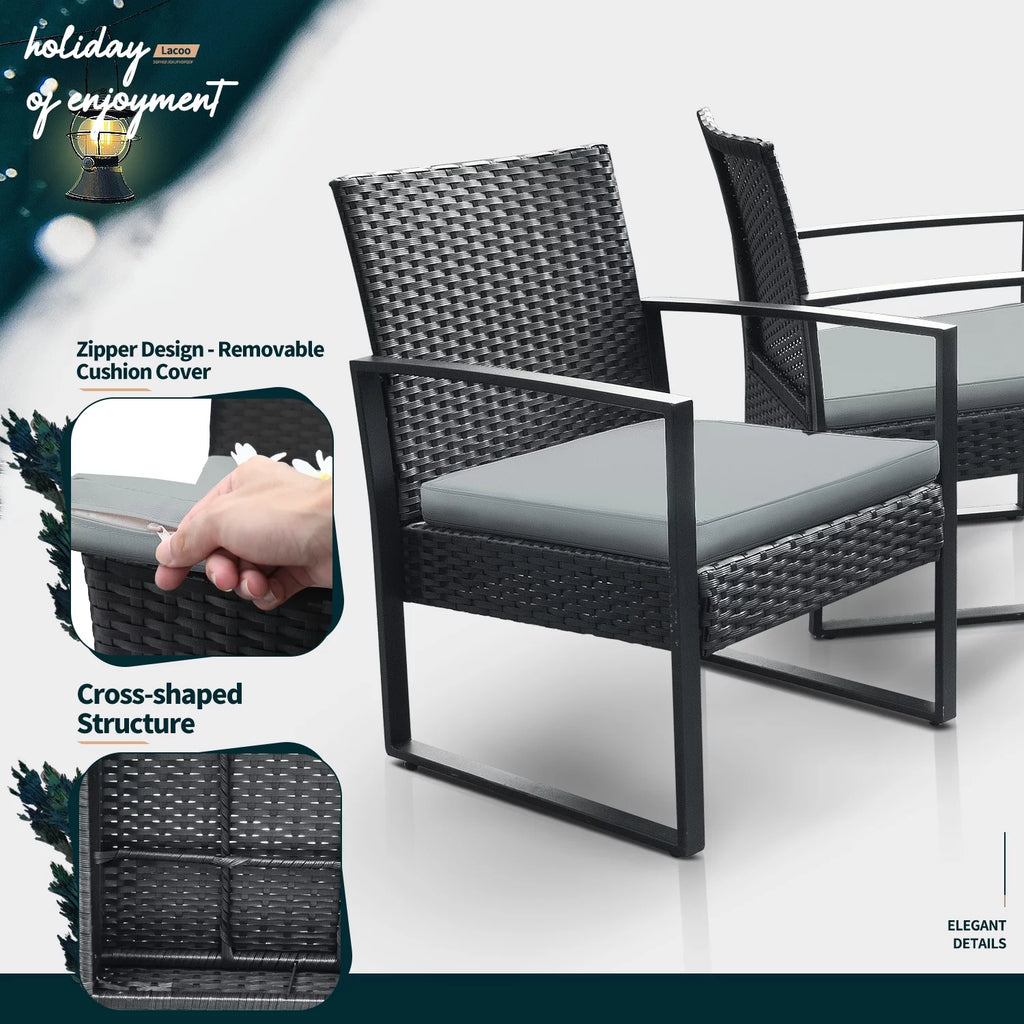 3 Pieces Cushioned PE Rattan Bistro Chairs Set of 2 with Coffee Table M9216