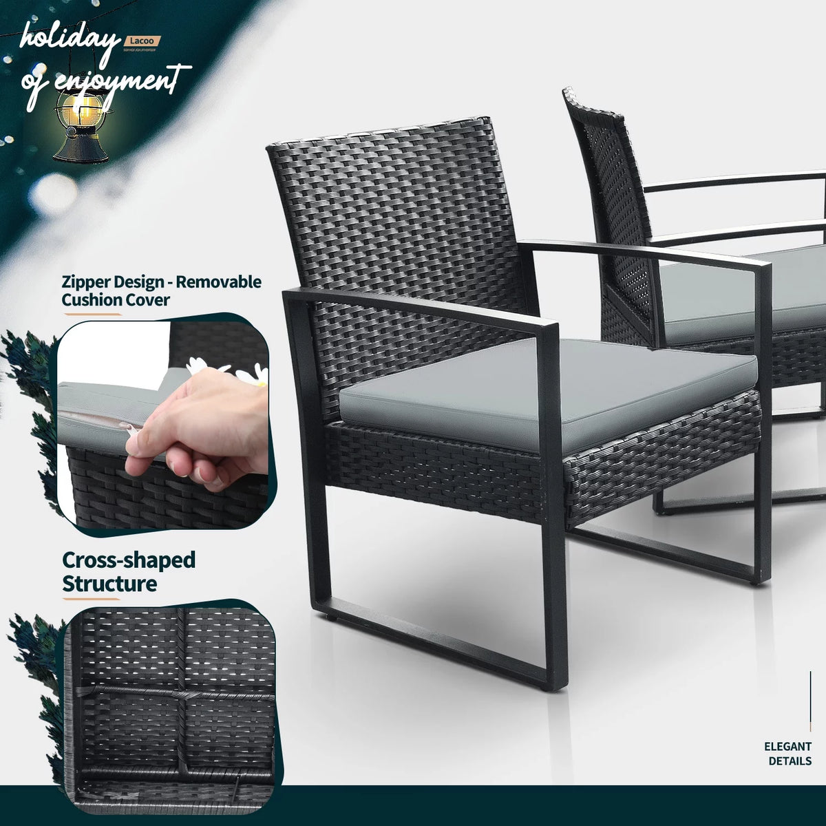 3 Pieces Cushioned PE Rattan Bistro Chairs Set of 2 with Coffee Table M9216