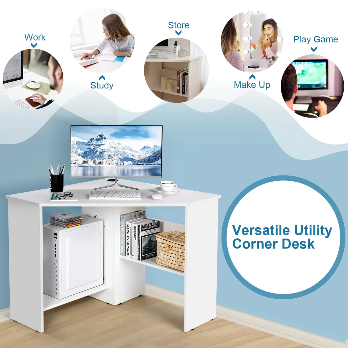 Corner Computer Desk with Storage Shelf F64866