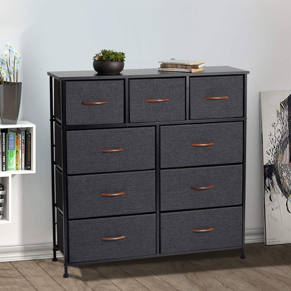 Grey 9 Drawer Fabric Dresser with Steel Frame and Wooden Top U99074