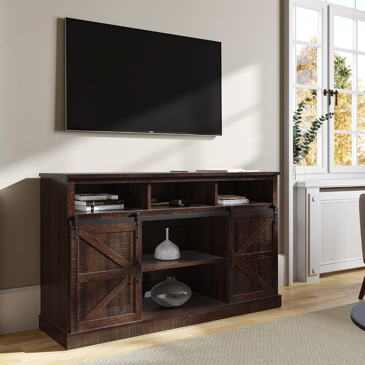 52 Inch TV Stand with Sliding Barn Door and Storage Cabinets (Espresso) I331704